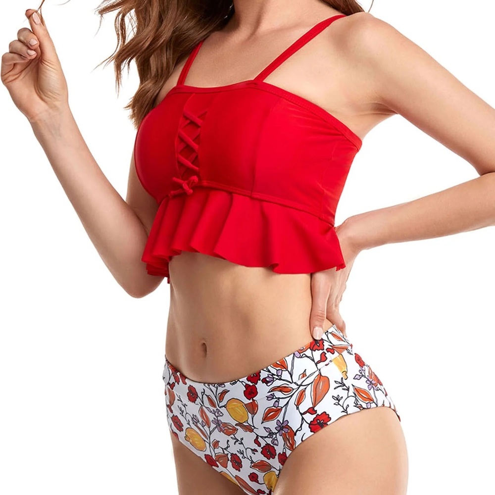 INNO Red and White Floral Bikini with Ruffled Top